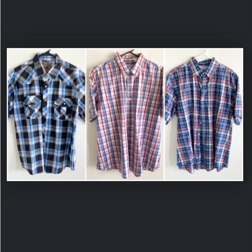 LOT of 3 Preppy Men's Casual Plaid Shirts - Blue, Red, Multicolor